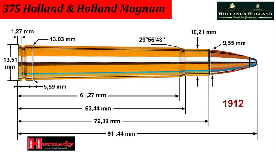 Le calibre 375 Holland & Holland ou 375 H & H Magnum est connu mais aussi utilisé dans le monde entier pour la chasse de tous les mammifères du plus petit au plus gros. Ils est l'assurance d'obtenir d'excellents résultats balistiques. 
