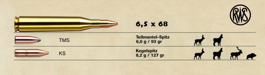 Le calibre 6,5x68 mm permet le tir de grands mammifères comme le cerf ou le sanglier.