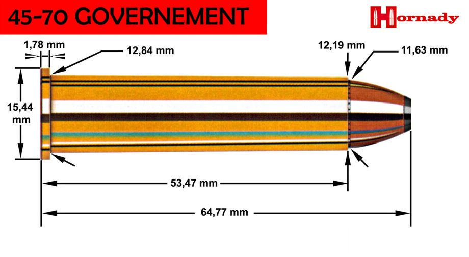 Le calibre 45-70 GOVERNMENT possède une douille de forme très conique avec un large bourrelet.